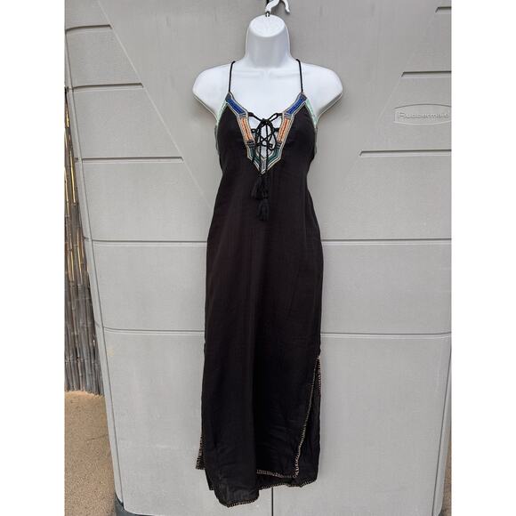 Boemo Dresses & Skirts - Boemo Sz S Levi’s Black Embroidered Open Back Gauze Cotton Maxi Dress Boho Beach